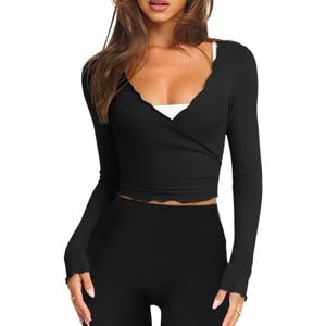 LASLULU Womens Tie Front Wrap Tops Long Sleeve Bolero Shrugs Crop Cardigan Yoga Ballet Cover up Tops Pilates Outfits (Black, L)