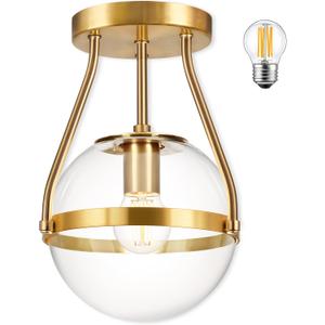 6" Globe Semi Flush Mount Ceiling Light Fixture Modern Gold Semi Flush Mount Ceiling Light Mid Century Ceiling Light with Clear Glass Shade Brass Finish for Hallway Bathroom Foyer (Bulb Incl.)