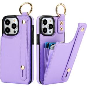 Folosu for iPhone 14 Pro Max Wallet Case with Card Holder, Hand Wrist Strap Loop Holder Kickstand, RFID Blocking Finger Grip Ring PU Leather Double Buttons Shockproof Cover 6.7" Purple