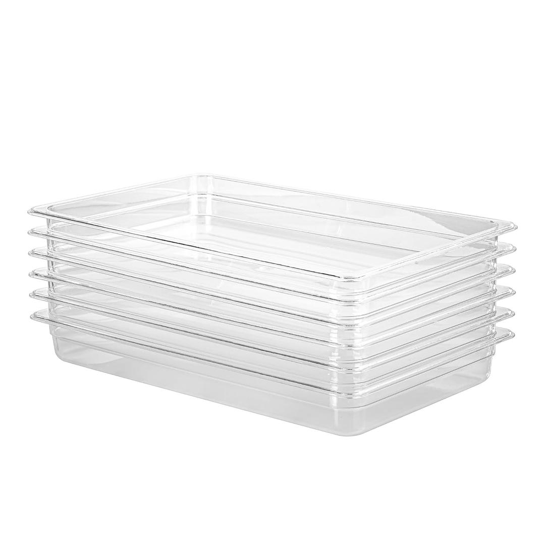 Polycarbonate Full Size Food Pans 6 Pack BPA Free 2.5 Inch Deep Pan Freezer Safe Stackable Clear Food Storage Containers for Kitchen Party Supplies and Prep Table