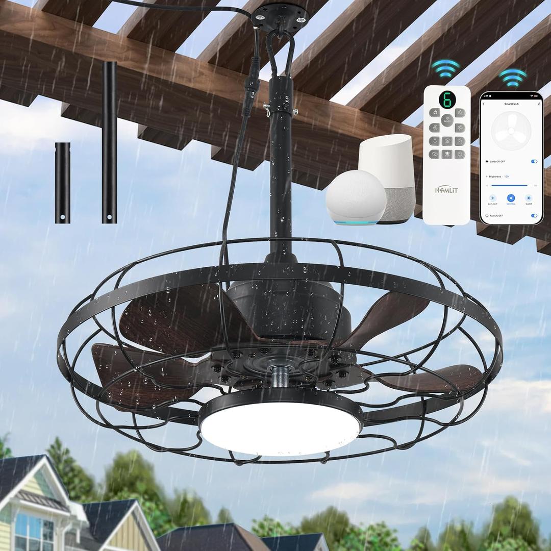Outdoor Ceiling Fan with Light for Patios, 21"Gazebo Fans Outdoor Hanging, IP65 Waterproof Plug in Ceiling Fan Works with Alexa & Google Assistant, for Patio Gazebo Porch Pergola, 3CCT Dimmable