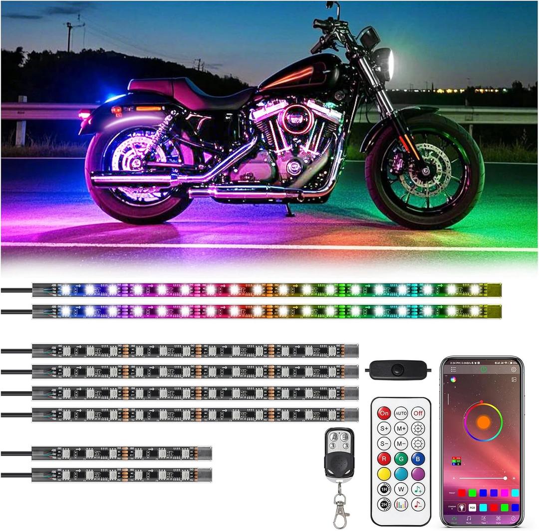 8Pcs RGB+IC Motorcycle LED Lights with APP/RF Remote Chasing Color Modes, Motorcycle LED Underglow Kit with Brake Turn Signal, 12V Waterproof Pixelglow Effect Neon Strip Lights for Harley Kawasaki