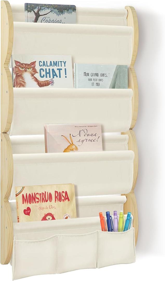 Wooden Wall Mounted Bookshelf for Kids Rooms, 4 Tier Floating Nursery Book Shelf, Kids Bookshelf with 2 Pockets, Toddler Sling Book Rack with Deep Sleeves (Beige)