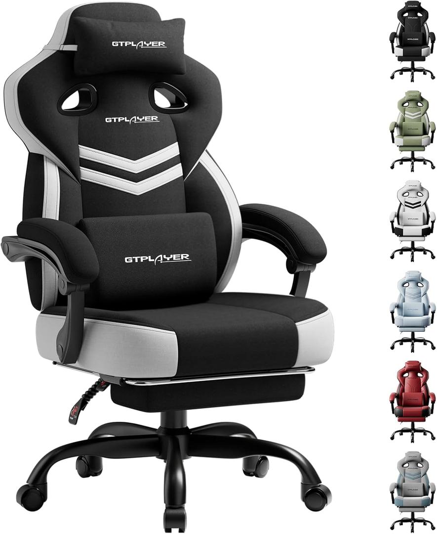 GTPLAYER Gaming Chair, Computer Chair with Footrest and Lumbar Support for Adults, 360-Swivel Big & Tall Reclining Seat for Office or Gaming (Black&White)