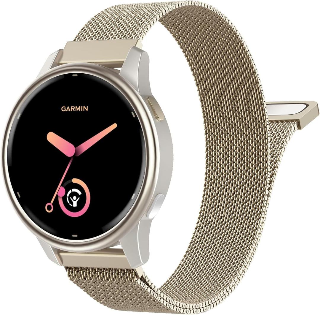 20mm Metal Watch Band Compatible with Garmin vivoactive 6/5/3, Forerunner 570 42mm/55/245/645, Garmin Venu, Mesh Stainless Steel Replacement Strap Magnetic Clasp Wristband for Men Women,CGold