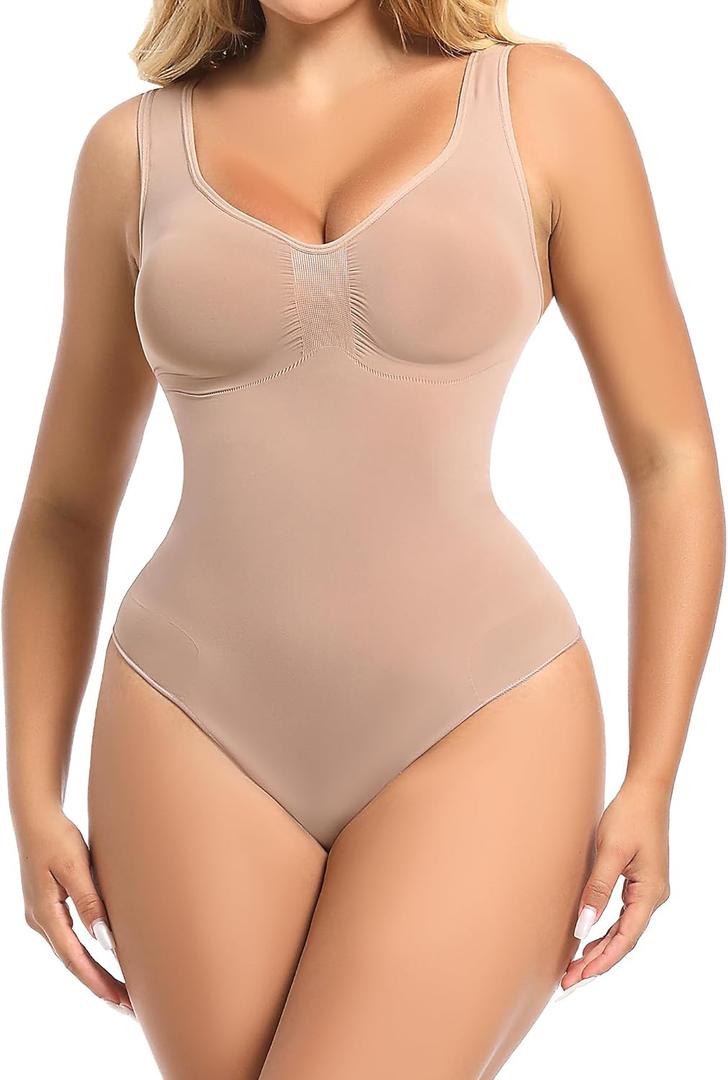Atbuty Full Body Shapewear Scoop Neck Thong Shapewear Bodysuit Shape wear Tummy Control (Small, Ochre)