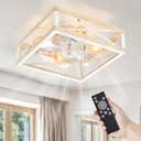 LEDIARY Caged Flush Mount Ceiling Fans with Lights and Remote, Farmhouse Square Low Profile Ceiling Fan, 6 Speed and Reversible, Small Rustic Bladeless Ceiling Fan for Bedroom, Kitchen, Dining Room