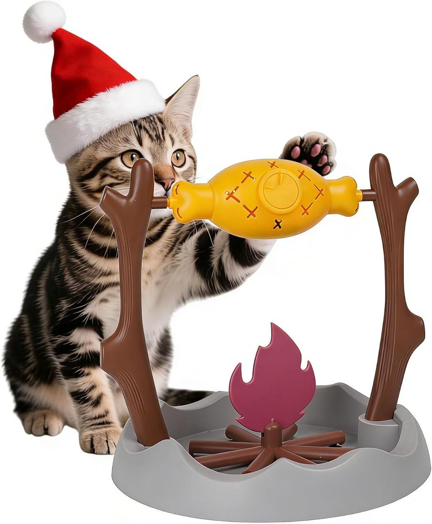 Cat BBQ Toy,Treat-Dispensing Slow Puzzle Feeder Bowls,Unique Rotatable Roast and Flame,Cognitive Training Game,Enrichment Interactive Stimulation Toys for Indoor Kitty