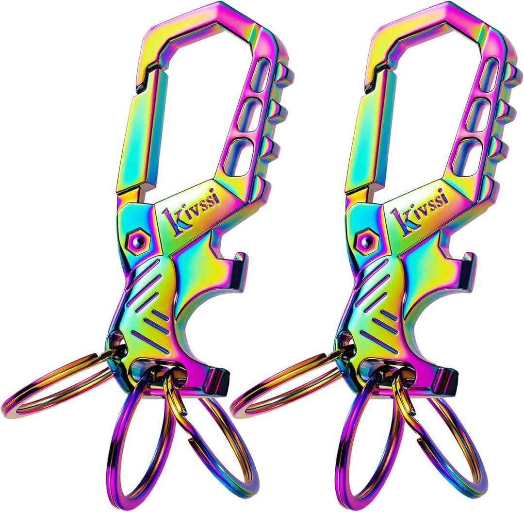 Heavy duty metal keychains, Carabiner clip Car key chains,Fashion family keychain bottle opener and 3 Key Rings suitable for men and women.Multicolor-2pcs