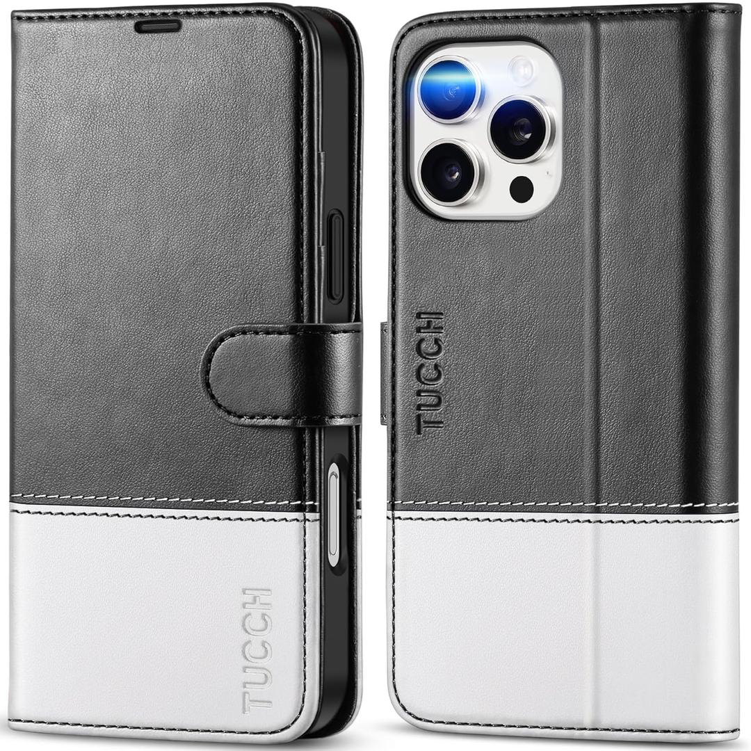TUCCH Wallet Case for iPhone 16 Pro Max, [RFID Blocking] [4 Card Slots] Protective TPU Inner Shell, Shockproof Magnetic PU Leather Stand Flip Cover Compatible with iPhone 16 Pro Max, Black & White