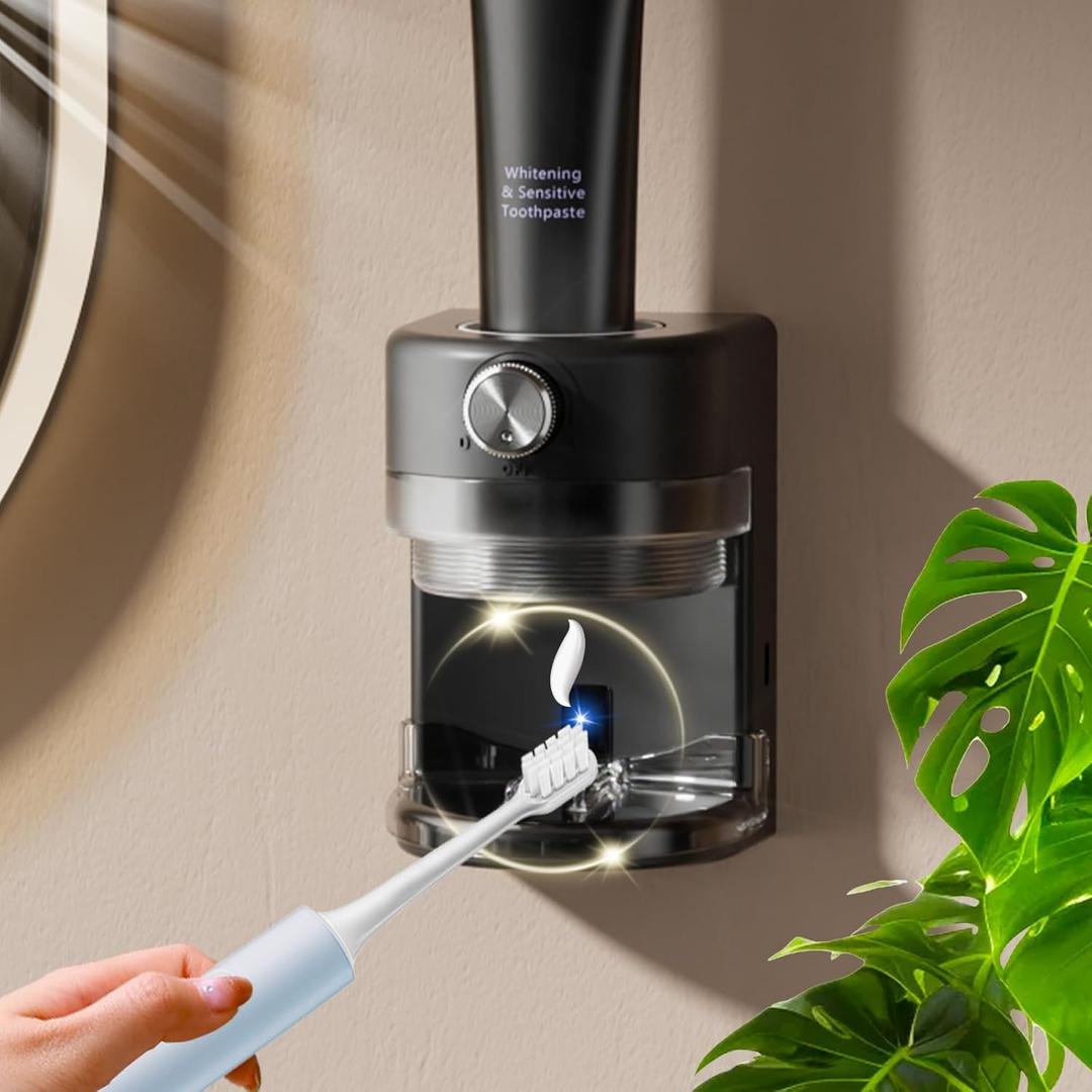 Automatic Toothpaste Dispenser, Bathroom Electric Toothpaste Squeezer with Sensor and Adjustable Toothpaste Dispensing Volume Knob, Wall Mounted Toothpaste Dispenser for Kid & Adult (Black)