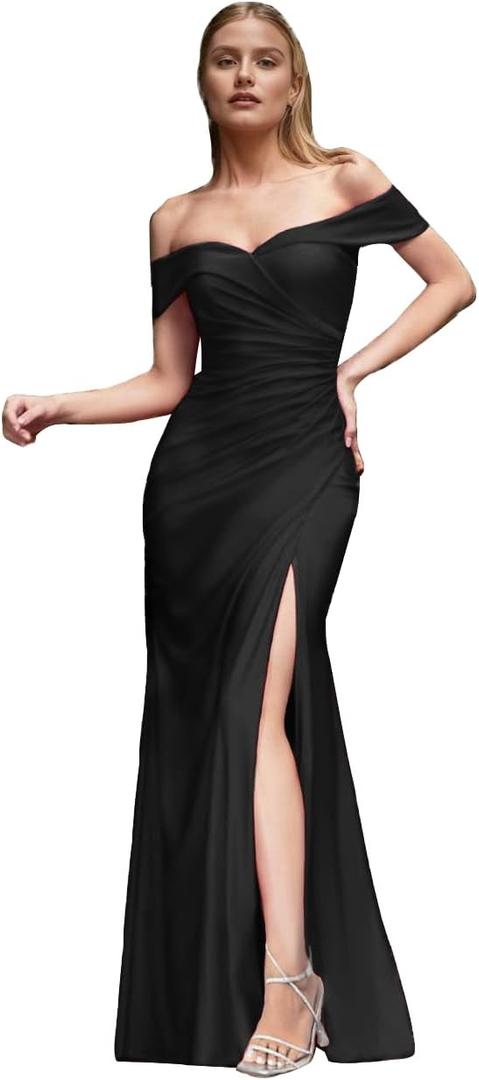 Women's Off Shoulder Mermaid Prom Dresses Satin Formal Evening Party Gowns Ruched Slit Bridesmaid Dresses (10, Black)