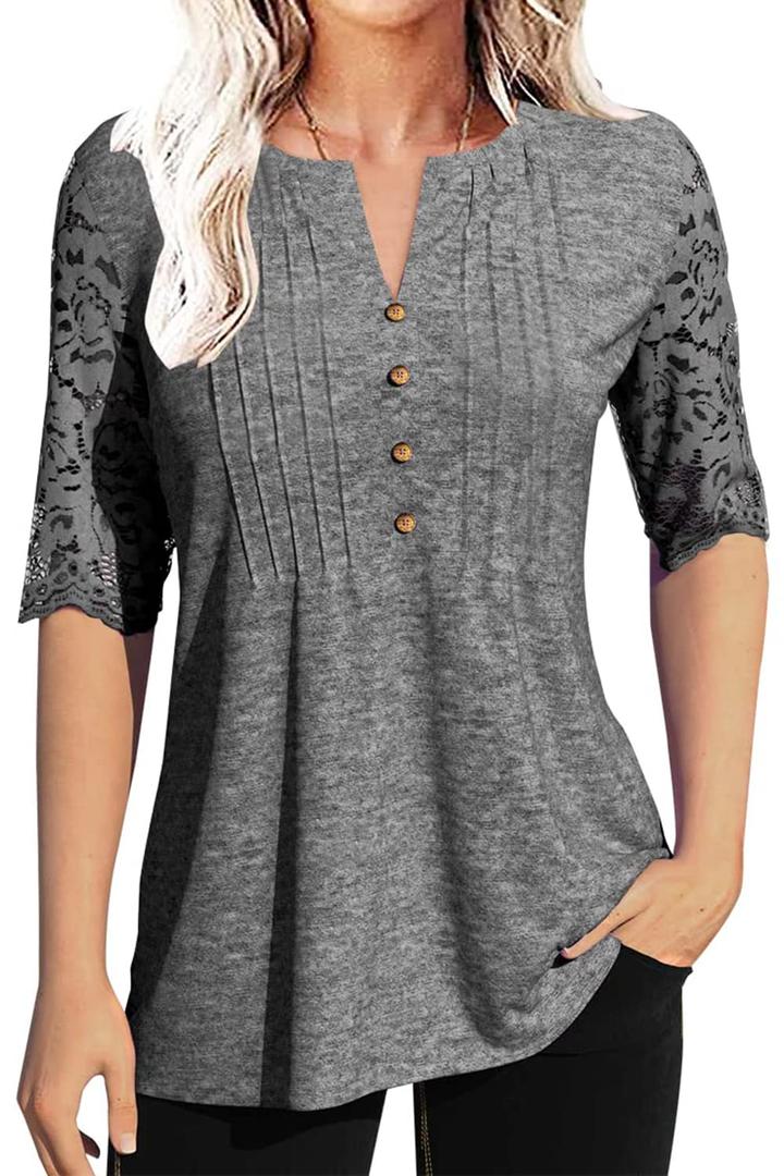Women's Fashion Summer Pleated Button lace Half Sleeve T-Shirt V-Neck Solid Color Casual Tunic top Medium