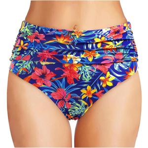 Tempt Me Women's High Waisted Bikini Bottom Tummy Control Ruched Bathing Suit Swim Bottom M (Blue Floral)