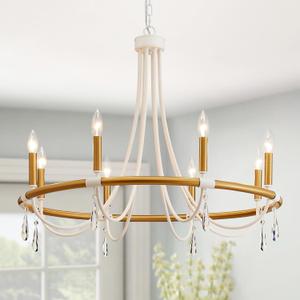 WUZUPS Wagon Wheel Chandelier Rustic Farmhouse Industrial Round Pendant Light Fixture with Clear Crystal for Dining Room Kitchen Island, H 28.3" x W 30.3", E12 Base, Gold White, 28.3" H x 30.3" W x 39.4" H