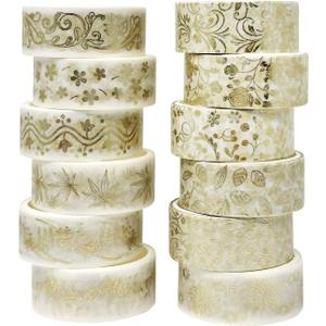 allydrew Elegant Gold Foil Washi Tape Box Set for Arts & Crafts, Scrapbooking, Stationery, Diary (12 Rolls), Gold Floral
