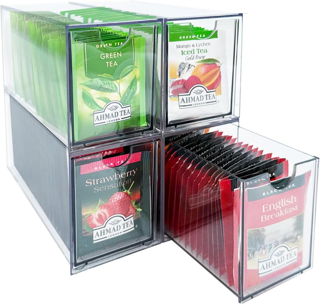 4-Pack Tea Bag Drawers Organizer - 4 Clear Plastic Drawer Tea Bag Holder; Stackable & Portable; Wider Size; Well-Organized Storage for Tea Bags & Kitchen Essentials