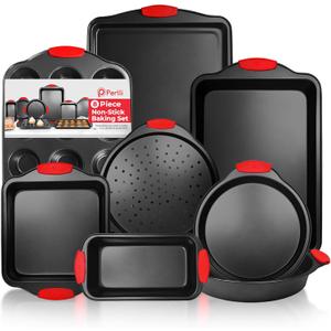 PERLLI Non-Stick 8-Piece Baking Pan Set, BPA-Free Carbon Steel Bakeware Set with Silicone Handles, Stackable Kitchen Oven Set, Cookie Sheet, Baking Tray, Baking Sheet Set, Oven Safe (446F)