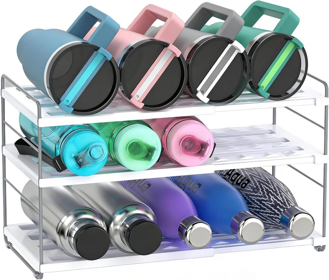 YAN & HIN Expandable Water Bottle Organizer for Cabinet, 3 Tier Tumbler Organizer, Adjustable Bottle Holder for Stanley, Hydro Flask, Kitchen Pantry Storage Rack (Set of 1)
