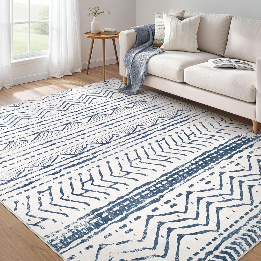 Nakagishi 5x7 Area Rug Living Room: Machine Washable Boho Large Neutral Farmhouse Stain Resistant Indoor Floor Rugs Moroccan Carpet for Bedroom Nursery Dorm Classroom Playroom Dining Room- Navy Blue