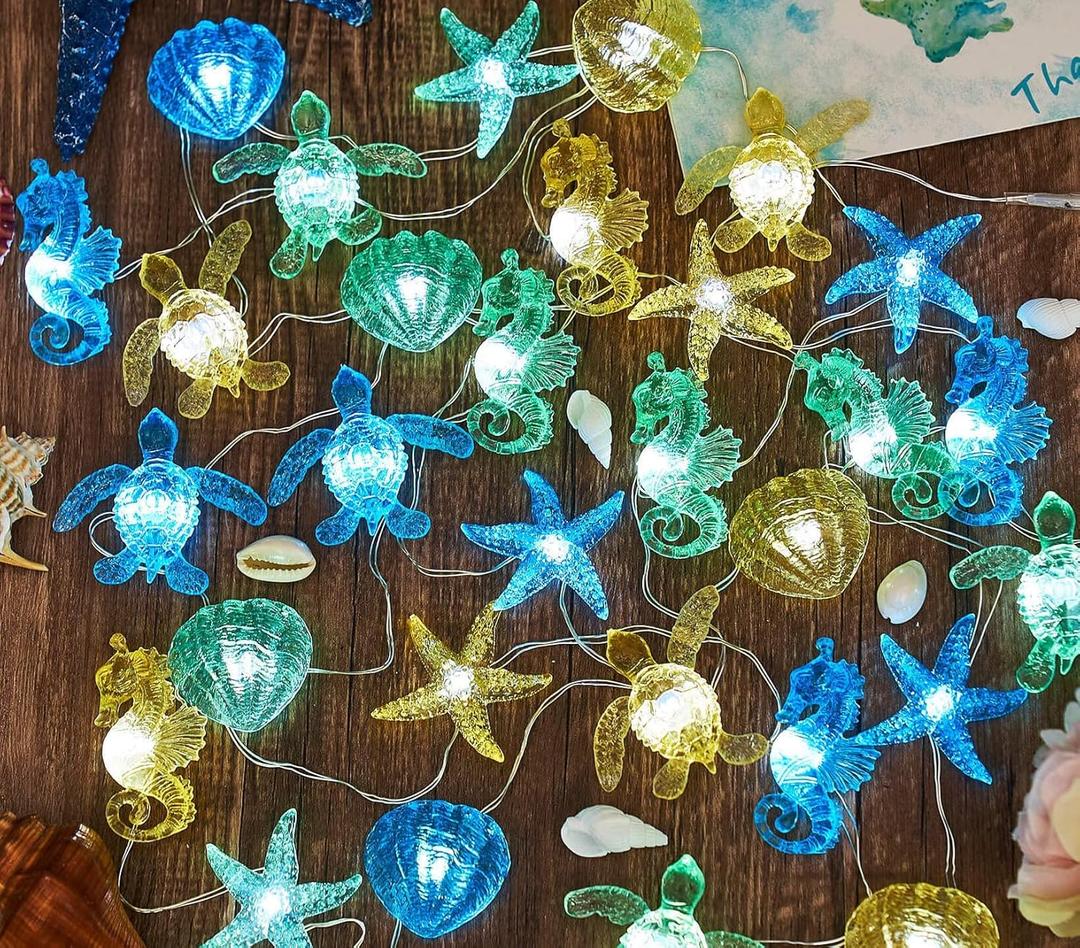 Ocean Themed String Lights Marine Life Night Light Beach Dcor Sea Turtle Seahorse Starfish Clam Decorative Lights Battery Operated USB Plug in 30LED 10ft Christmas Tree Ornaments Holiday Bedroom