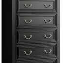 WLIVE Farmhouse Dresser for Bedroom, Tall Wood Dresser with 5 Drawer, Chest of Drawers with Roman Metal Handle for Living Room, Hallway, Closet, Black