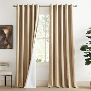 NICETOWN 100% Blackout Camel Linen Curtains 108 inches Length with Thermal Insulated Liners, 2 Panels, 62 inches W, Farmhouse Style Room Cooling Small Window Draperies for Dining Room
