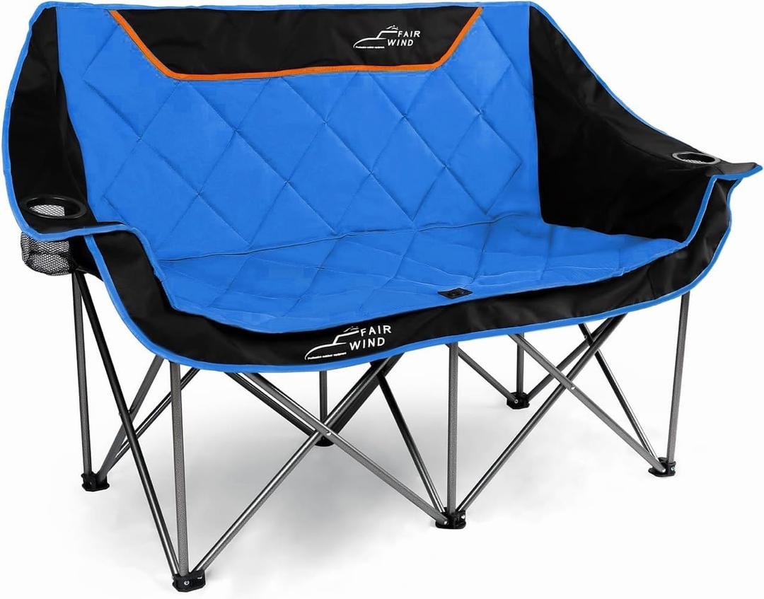FAIR WIND Oversized Fully Padded Camping Chair Folding Loveseat Camping Couch Double Duo Chair Heavy Duty Quad Fold Arm Chair with Cup Hold - Supports 650 LBS, Blue, Double Seat