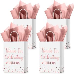 TaoBary 24 Pcs Wedding Gift Bag with Tissue Paper Thanks for Celebrating with Us Paper Bags with Handle for Hotel Guests Wedding Gift Favor for Bridal Shower Party(Rose Gold)