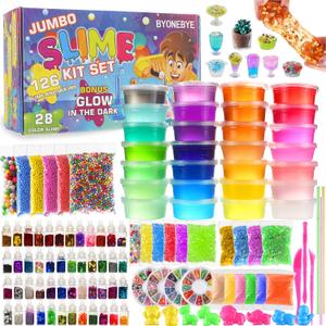 126 Pcs DIY Slime Making Kit for Girls Boys - Birthday Idea for Kids Age 5+. Ultimate Supplies Include 28 Crystal Slime, 2 Glow in The Dark Powder, 48 Bottle Glitter Jar etc.