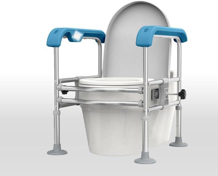 Toilet Safety Rail for Seniors with Sensor Light - Heavy Duty 300 Lbs, Universal Fit, Non-Slip Standing Aid, Included Storage Bag (Blue-Grey)