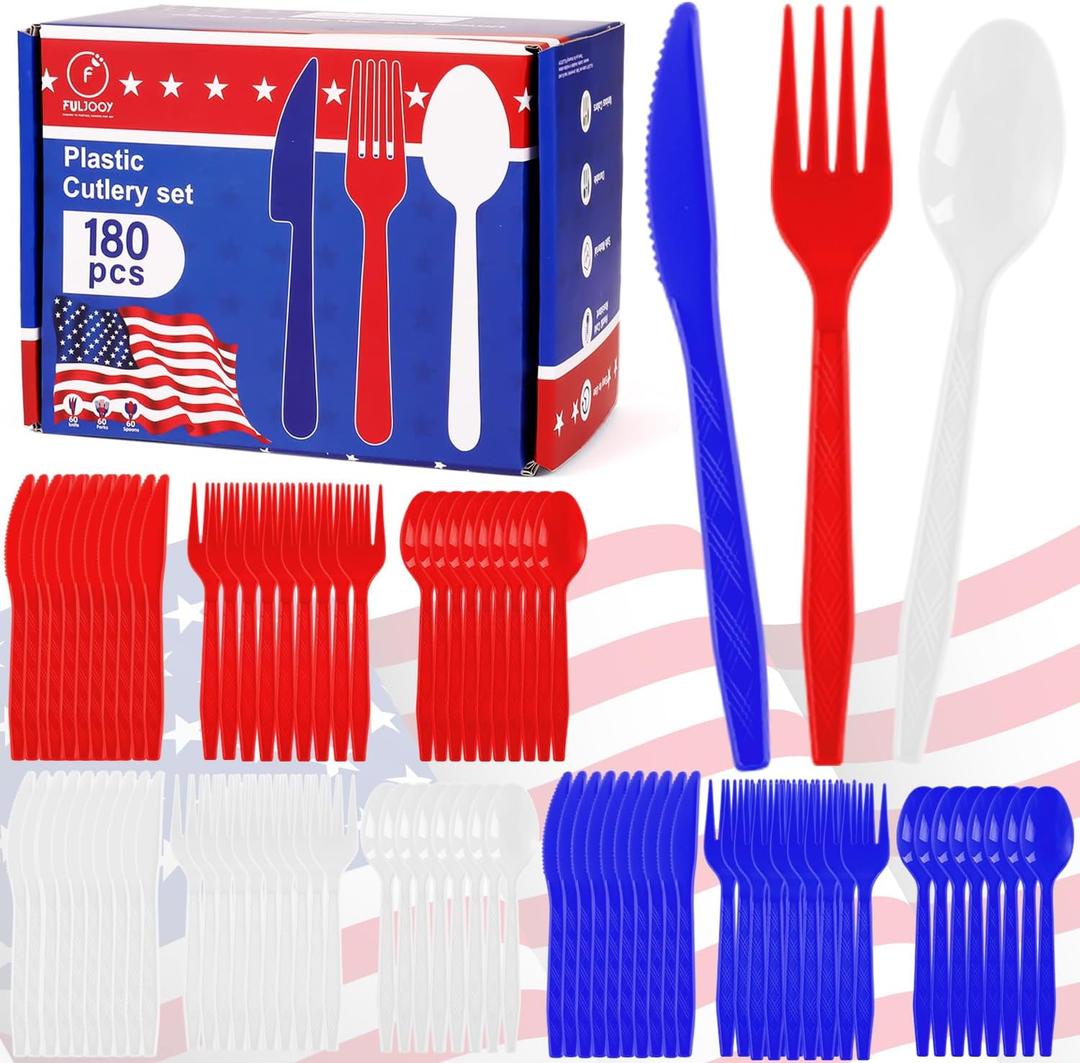 180 PCS 4th of July Independence Day Plastic Silverware Set Disposable Utensils Heavy Duty Plastic Cutlery Set Disposable Utensils Includes Spoons Forks Knives for Memorial Day Decorations