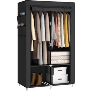 35 Inch Portable Wardrobe Closet for Small Room, Clothing Organizer Storage Rack with Non-Woven Fabric Cover, 2 Clothes Hanging Rods, 4 Storage Shelves and Side Pockets, Black