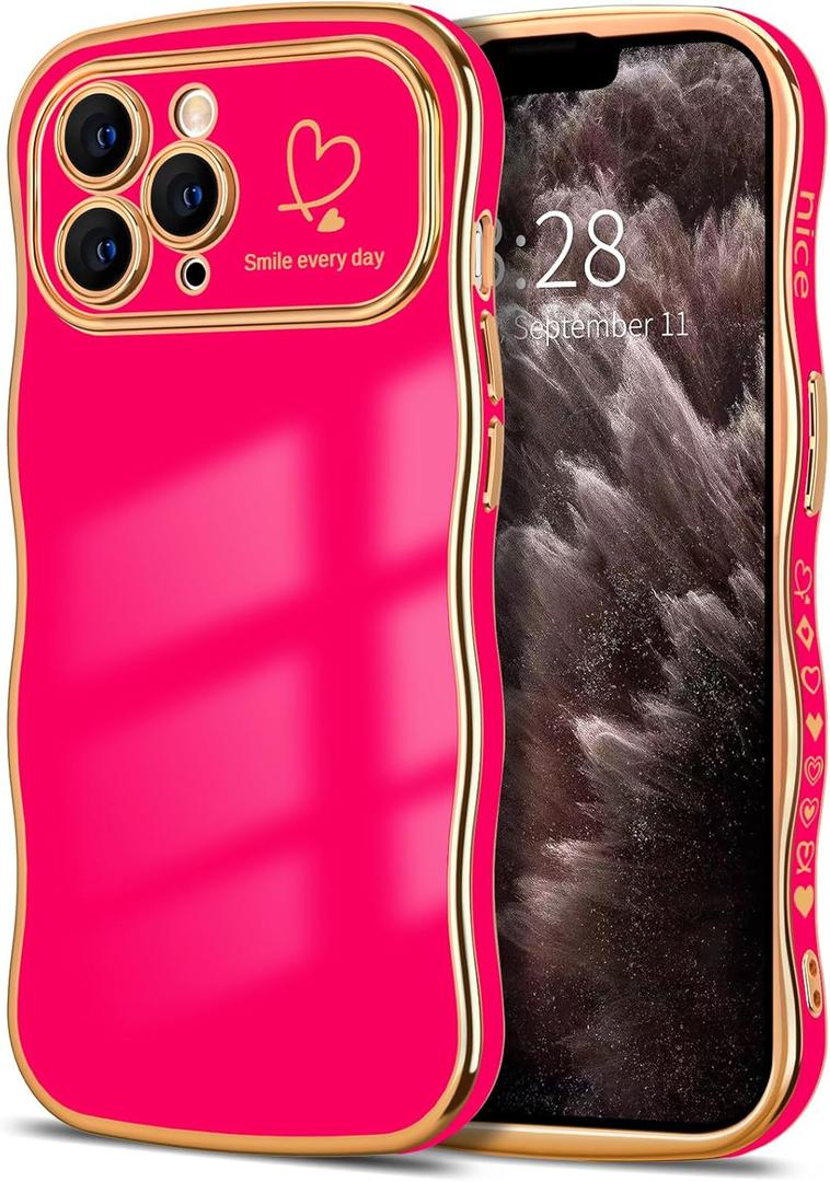Hython for iPhone 11 Pro Case Wave Wavy Phone Cases with Love Heart, Luxury Plating Edge Cute Curly Shape Cover for Women Girls, Thin Slim Soft TPU Rubber Shockproof Protective Cover, Hot Pink