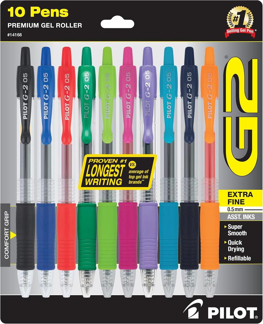 Pilot G2 Premium Retractable Gel-Ink Rolling Ball Pens, Extra Fine Point (0.5mm), Assorted, 10/Pk (14168)