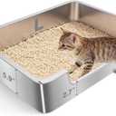 Low Entry Litter Box for Senior Kittens Disabled Cats - Stainless Steel High Sided Enclosed Easy Step in Entry - Large Metal Kitty Litter Box Easy to Clean(19.7x13.8x5.9)