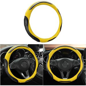 Leather Steering Wheel Cover, Auto Car Stretch Steering Wheel Protector, Universal 15 Inch Anti-Slip Breathable Odorless Steering Wheel Cover for Men Women (Black/Yellow)