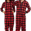 U2SKIIN Couple Onesie Pajama Sets, Hooded Zipper Christmas Matching Plaid Pjs Set for Men and Women Soft Warm Jumpsuit (Red, S)