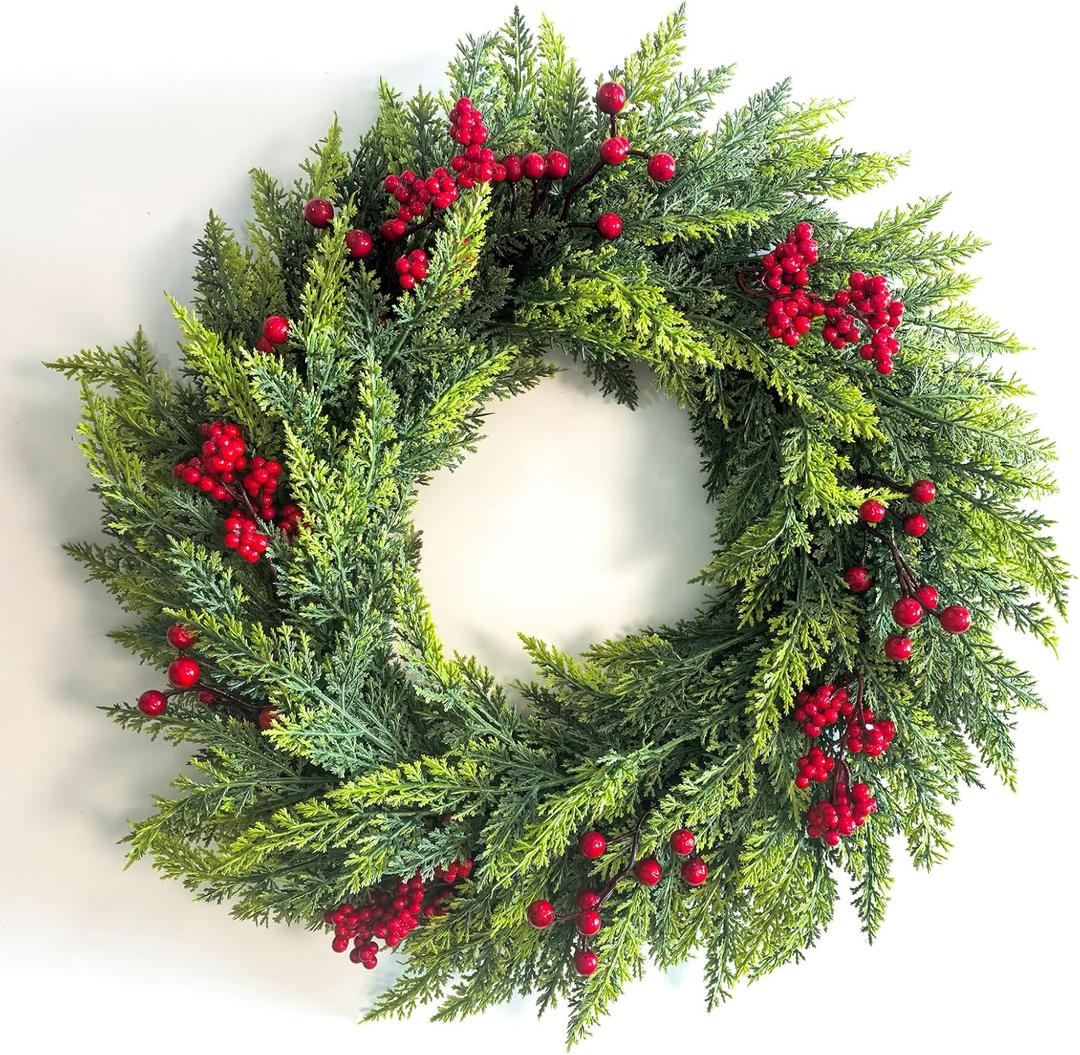 24 inch Christmas Wreaths for Front Door, Artificial Winter Wreath with Red Balls, Faux Pine Green Wreath for Home, Holiday, Fireplace, Mantle, Wall, Windows, Xmas, Outdoor Decoration