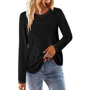 CRAZY GRID Womens Long Sleeve Shirts Casual Tops Lace Neckline Fall Fashion Clothes Winter Outfits Basic Tunic 2026 (Black, M)