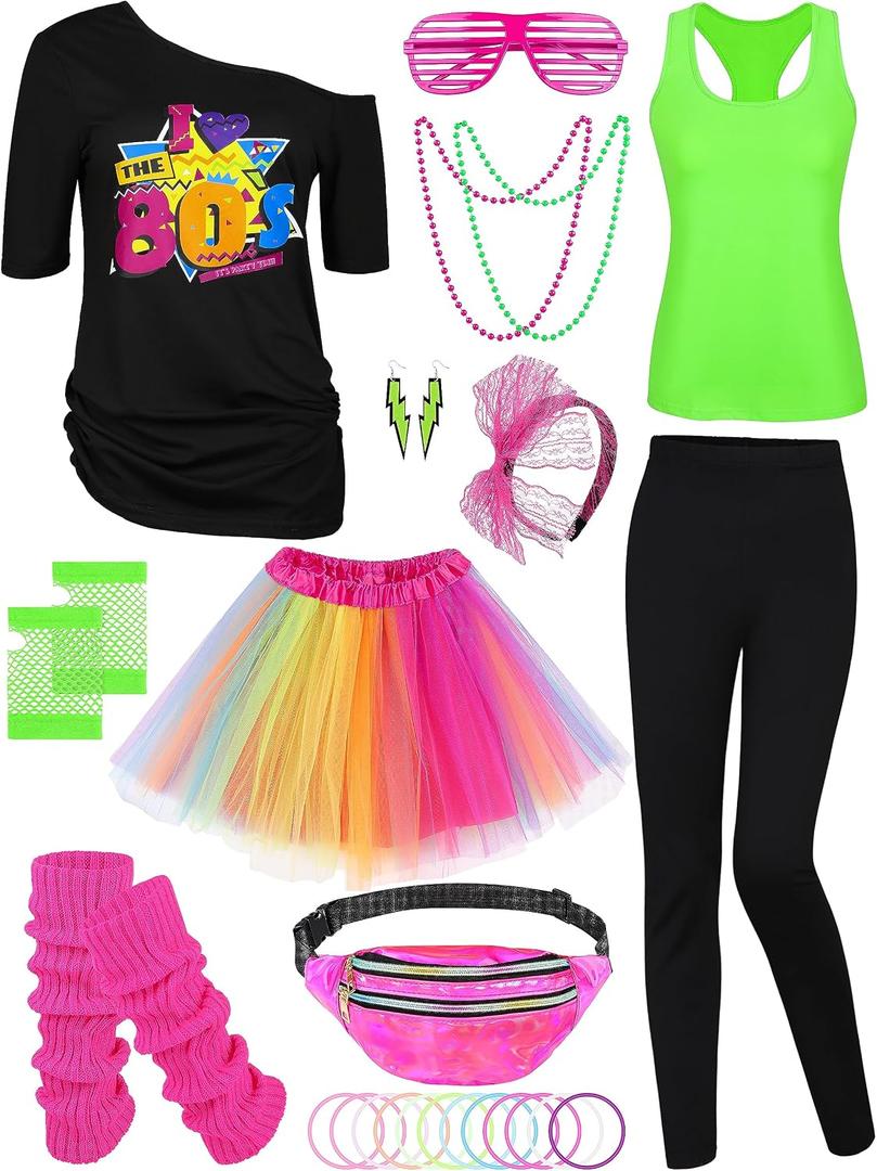 AOTHSO 24 Pieces Halloween Women 80s Costume Accessories Set 80s Cosplay T-shirt Tutu Pants Racerback Top Fanny Pack Gloves, XL