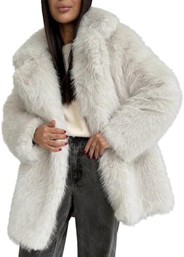 Kissonic Women's Long Faux Fur Coat Lapel Shaggy Winter Jacket Luxury Warm Furry Open Front Outerwear, Size Small