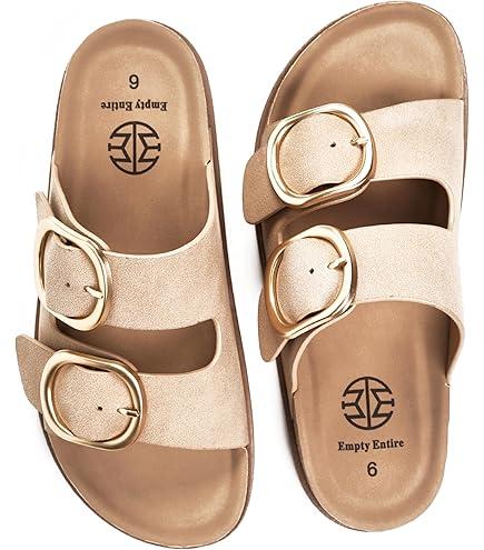 Women's Cork Sandals | Arch Support ,Fashion Slides with Oversized Metal Buckle ,Soft Microfiber Suede Upper ,Comfortable Sandals for Women - Size 10, Apricot