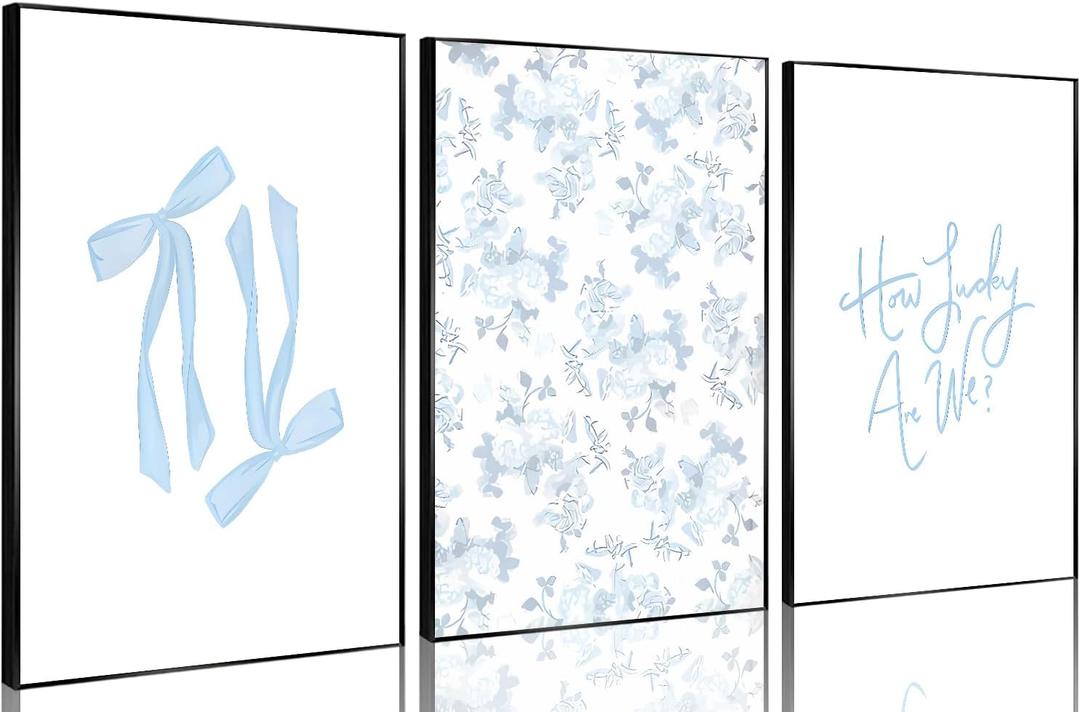 Blue Floral Bow Wall Art Watercolor Trendy Preppy Paintings Prints Posters How Lucky Are We Canvas Wall Decor for Coastal Apartment Bedroom Living Room Gallery Home Decor 12x16inx3 Unframed