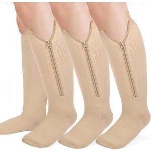 Plus Size Compression Socks for Women Men Wide Calf L/XL-5XL (15-20mmhg) Knee High Socks Support Compression Stockings for Nurses and Flying (Zipper - 3 Pairs - Nude)