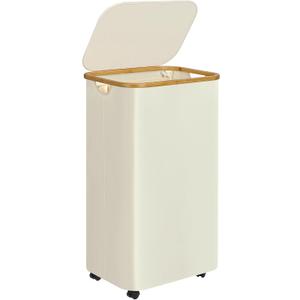 Large Laundry Basket with Wheels,100L Hampers for Laundry,Freestanding Laundry Hamper with Lid and Bamboo Handles,Collapsible & Waterproof Tall Cloth Hamper for Dorm Family(Beige)