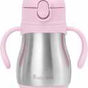Bakpoco Stainless Steel Sippy Straw Cup for Toddlers 1-3 Years Old, Insulated Toddler Water Bottle Baby Training Tumbler with Handles, 8oz Kids Straw Cups for Travel, Daycare & At Home, Pink