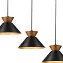ELYONA 3 Pack Modern Pendant Lights Kitchen Island, Solid Wood Hanging Lamp with Matte Black Metal Shade & Gold Inner Finish, Farmhouse Pendant Light Fixtures for Dining Room, Bedroom, Living Room