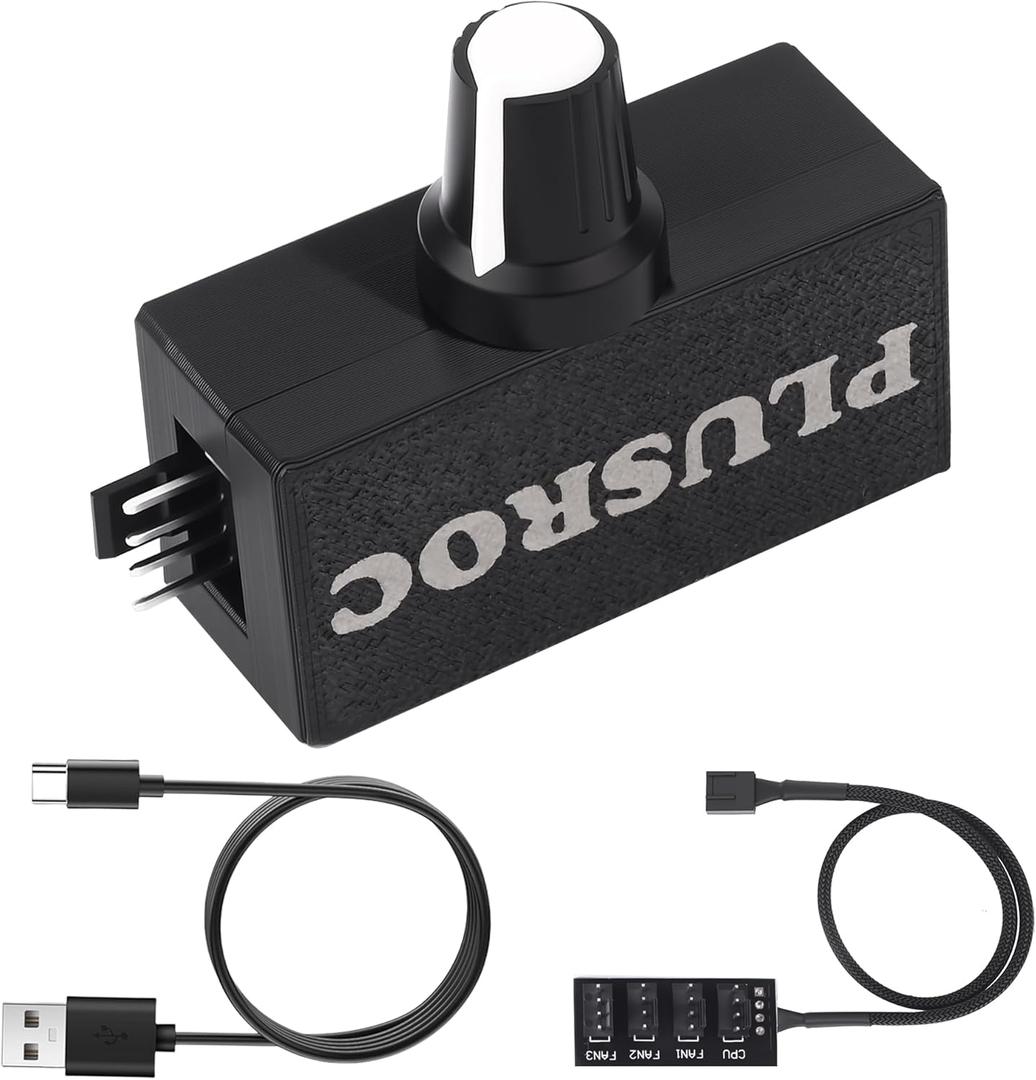 PlusRoc 12V PWM PC Fan Controller with USB Type-C Power Cable & 4-Pin 4-Way Fan Hub Splitter, DC 12V Fan Speed Controller, 8W Output(Lite)