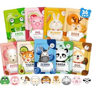 KONEUK 36 Pack Cute Animal Kids Face Mask, Sheet Collagen Moisturizing Face Mask for Girls Teens, Mothers Day Gifts for Mom, Bulk Spa Party Gifts and Birthday Gifts